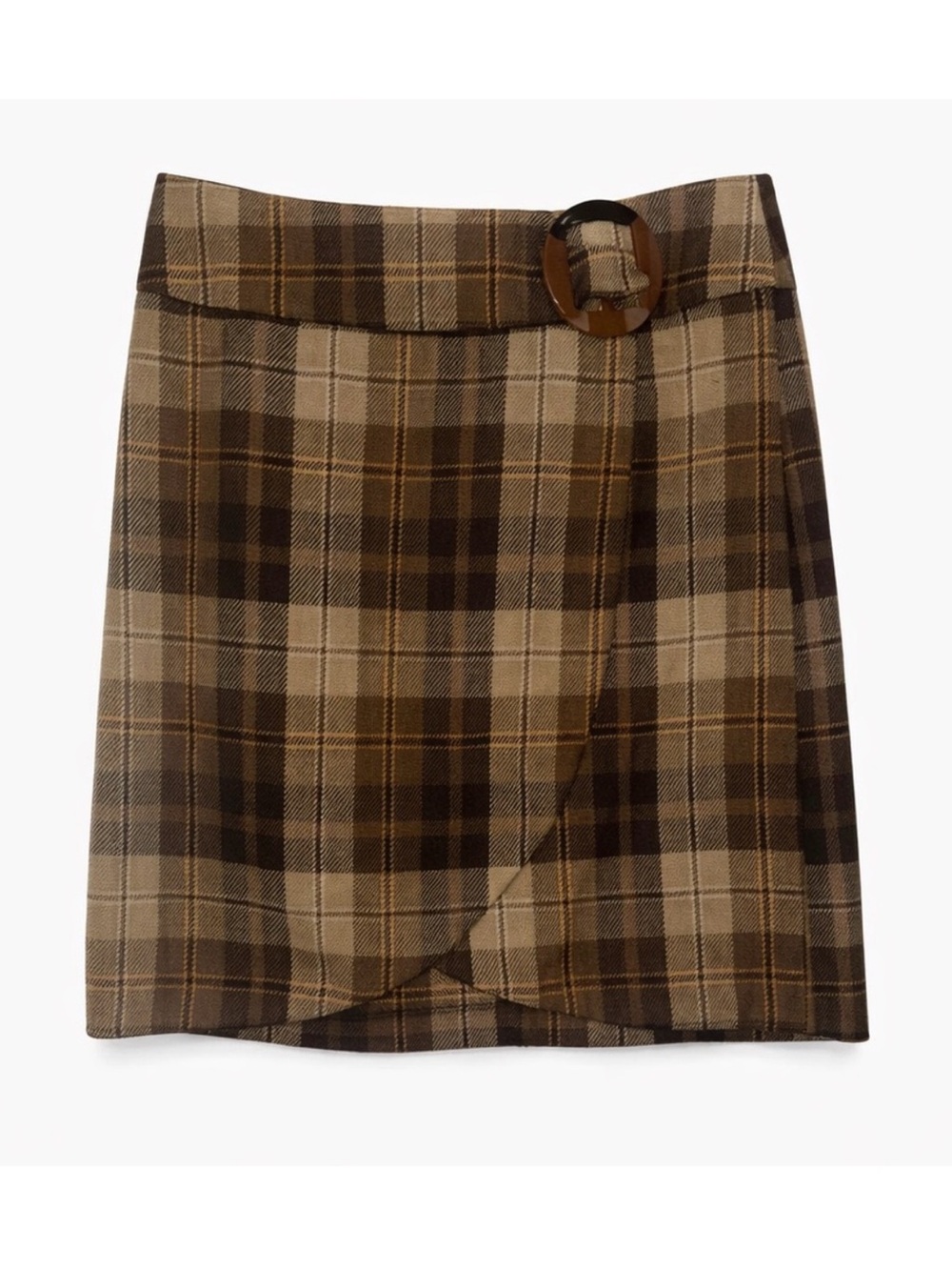 Cato Vintage-Inspired Brown Plaid Wrap Skirt with Buckle Detail | Size 12